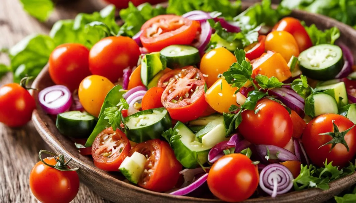 Image of a fresh tomato salad with vibrant colors and various vegetables piled high in a bowl.
