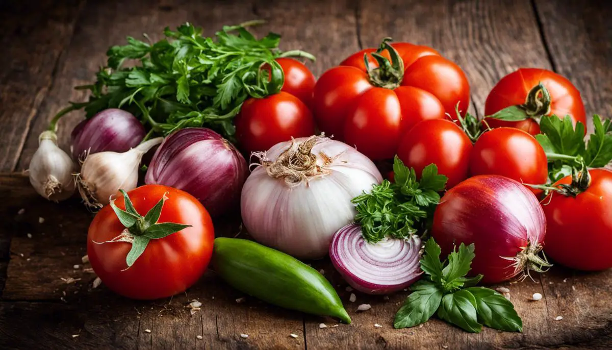 A photo of fresh tomatoes, garlic, onions, and herbs, representing the key ingredients for making homemade tomato soup.