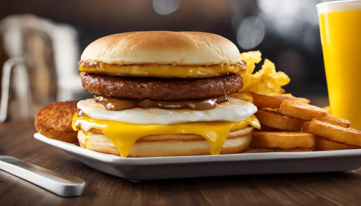 A plate with an Egg McMuffin, Sausage McMuffin, Hotcakes, and Hash Browns, representing McDonald's all-day breakfast menu.