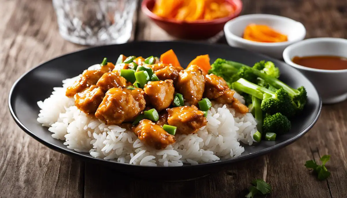 A plate of Orange Chicken with a side of rice and vegetables.