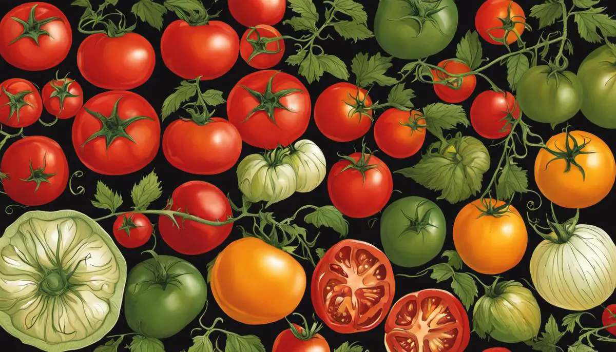Illustration of different types of tomatoes, showcasing their colors, shapes, and sizes.
