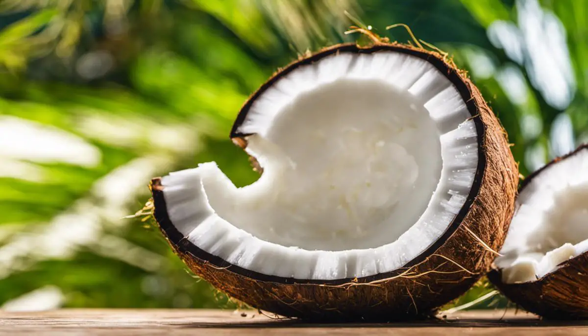 Image depicting a coconut cut in half with coconut water inside