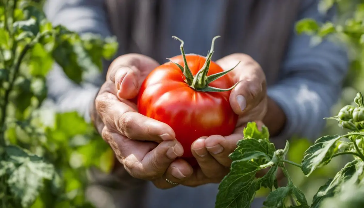 A person holding a healthy ripe tomato, representing the success of implementing blight prevention measures.