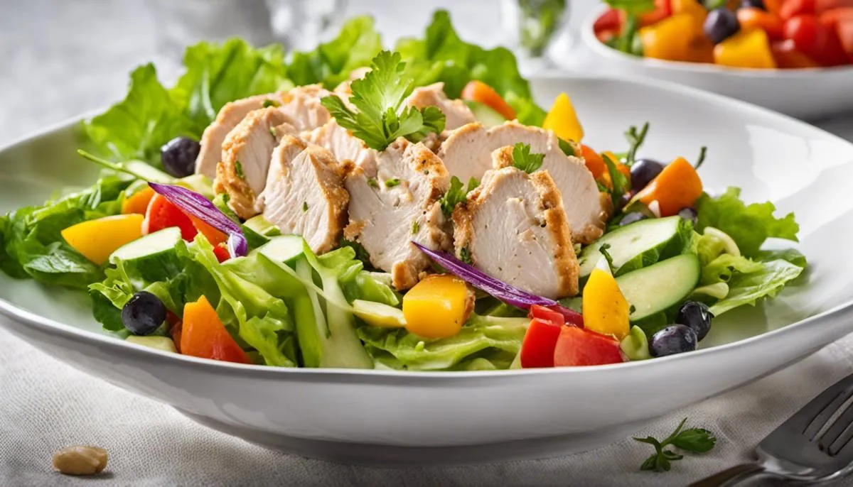 Image of a plate of chicken salad with colorful vegetables