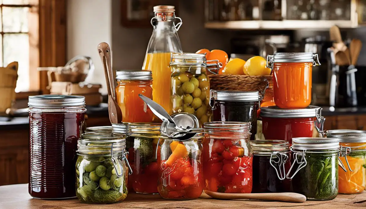 Image of canning supplies including glass jars, lids, bands, a jar lifter, ladle, funnel, and a canner with rack.
