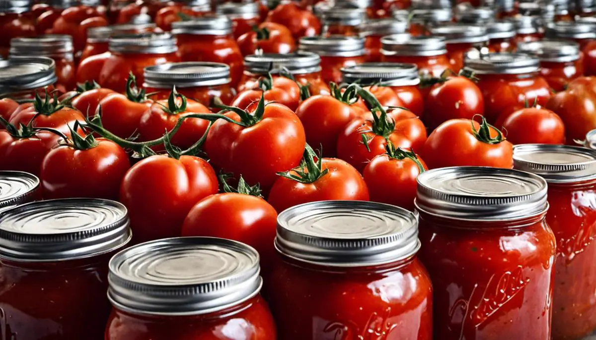 Image of canned tomatoes in mason jars ready for storage