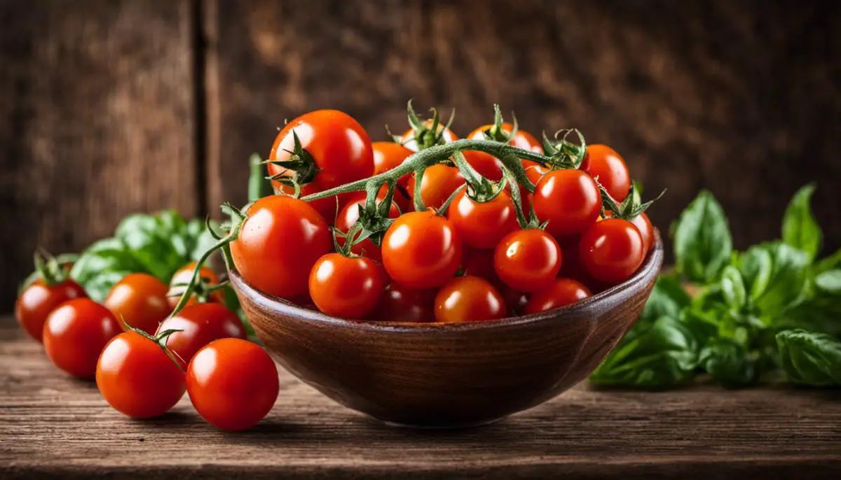 Image of a bowl of cherry tomatoes displayed on a wooden table