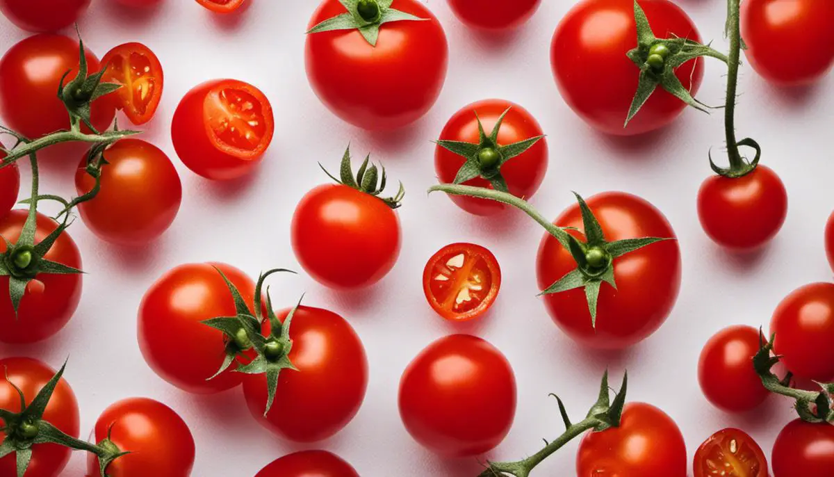 A close-up image of ripe cherry tomatoes, glistening and vibrant.