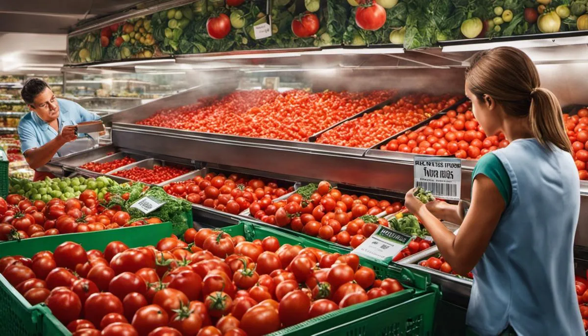 Image depicting a person selecting fresh tomatoes at a grocery store.