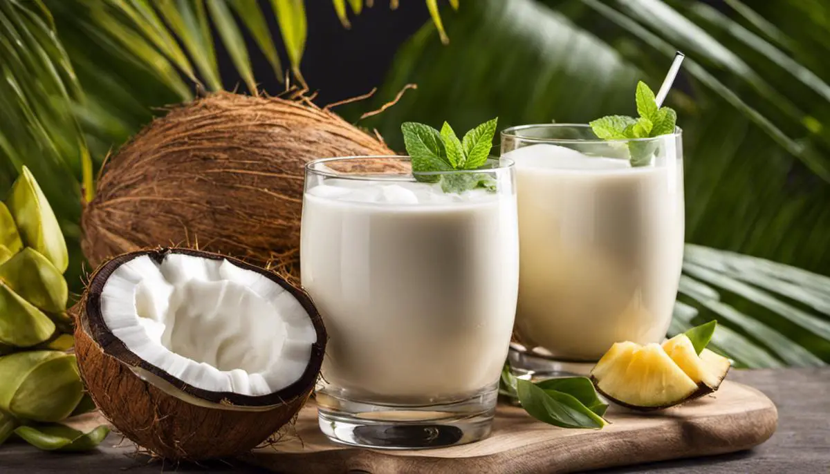A creamy coconut in a tropical setting, representing the tropical creaminess of beverages