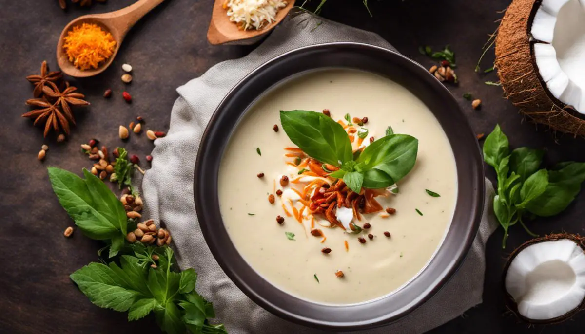 A close-up image of a bowl of creamy coconut cream vegan soup, garnished with fresh herbs and spices, representing the rich and delicious flavor of coconut cream in vegan dishes.