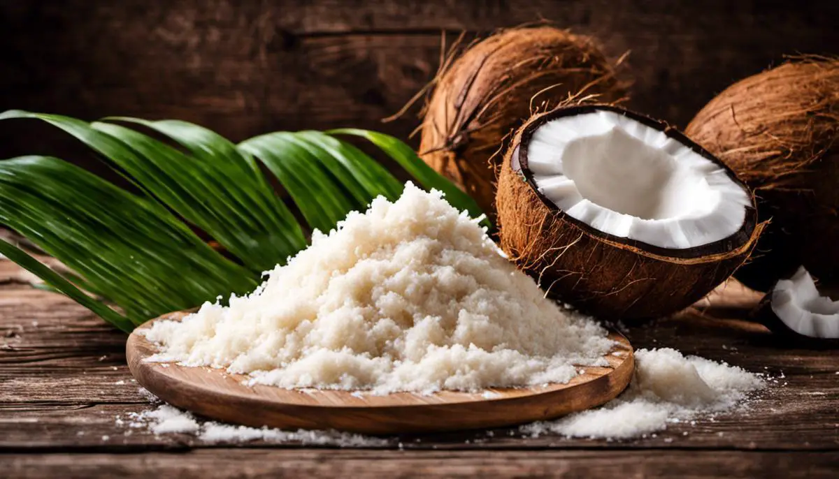 A pile of coconut flour with a coconut on a wooden background