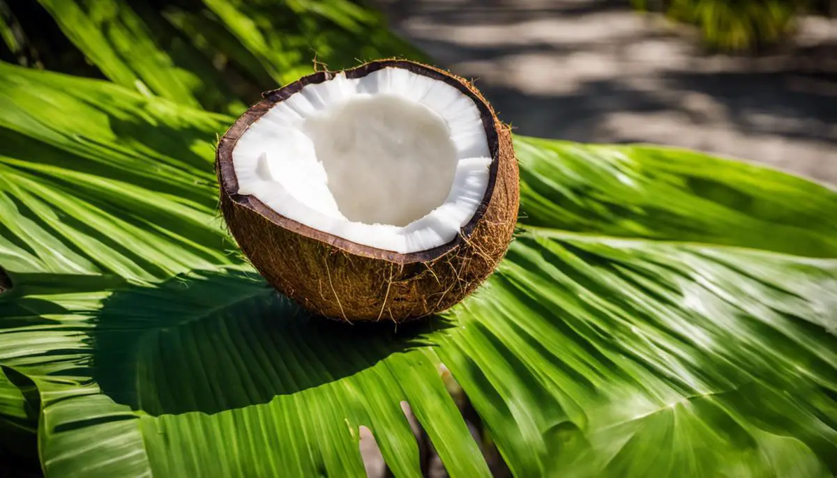A picture of a coconut fruit with a green husk, brown hairy nut, and a white, creamy interior.