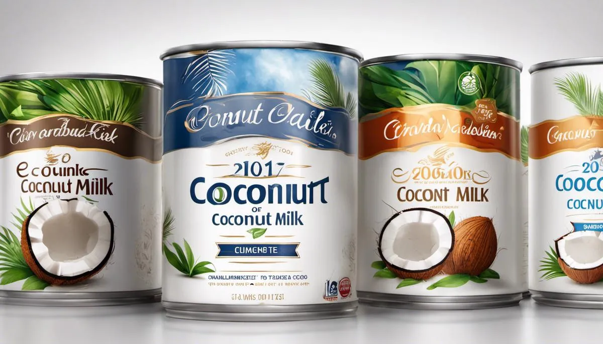 Cans of coconut milk on a white background