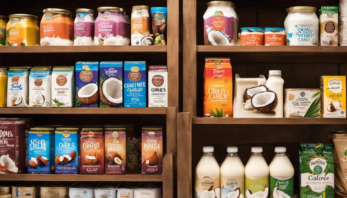 A variety of coconut milk brands showcased on a shelf