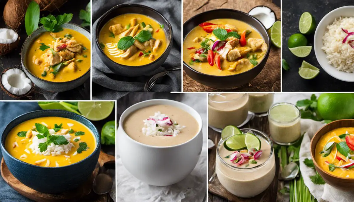 Collage of various coconut milk dishes including Thai coconut curry, coconut milk soup, sweet coconut rice, coconut milk smoothie, and coconut lime chicken.