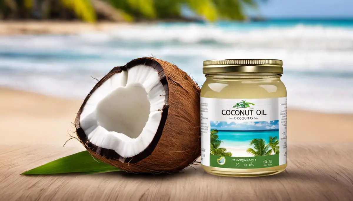 A close-up image of a jar of coconut oil with a tropical beach in the background. The image represents the versatility and natural beauty of coconut oil.
