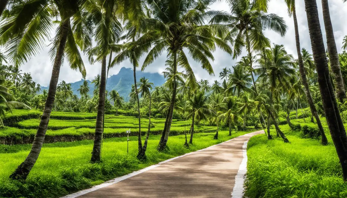 A coconut plantation surrounded by lush greenery.