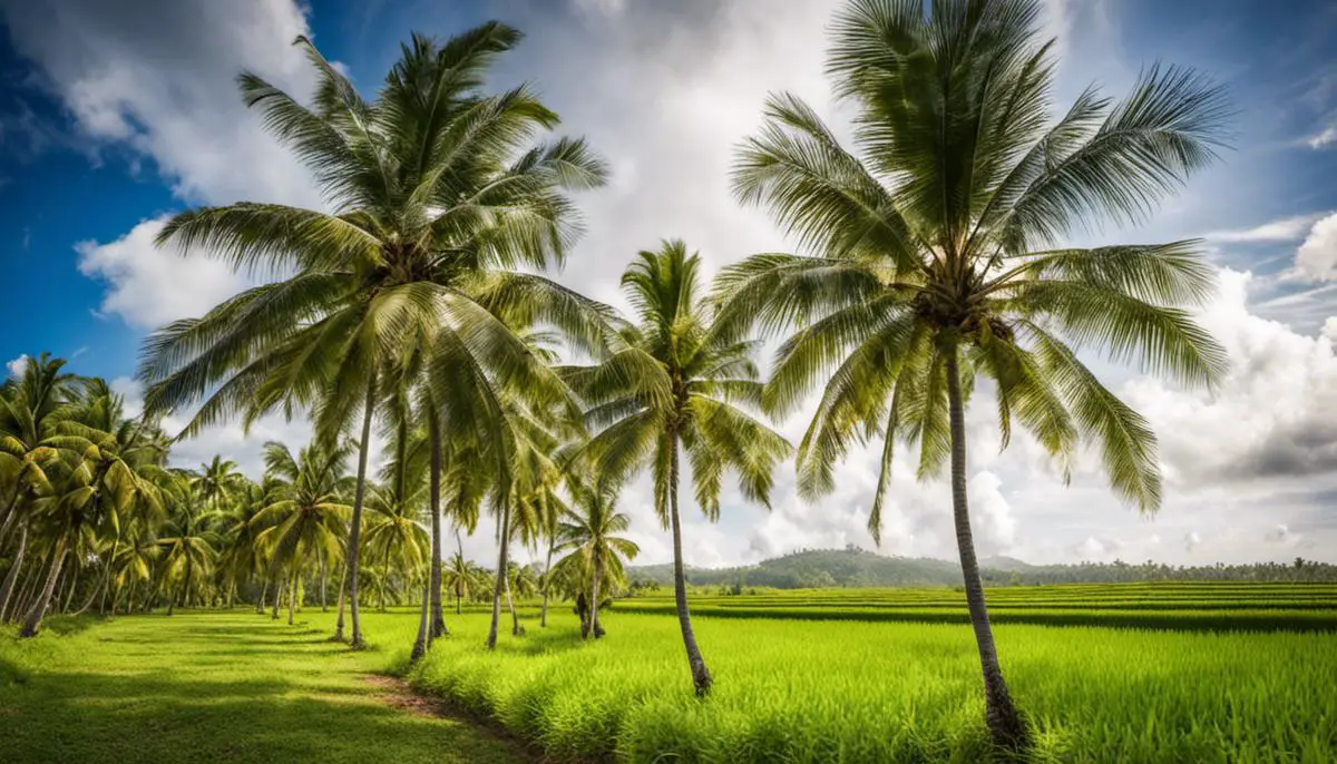 A picturesque view of a coconut plantation field with palm trees stretching into the distance.