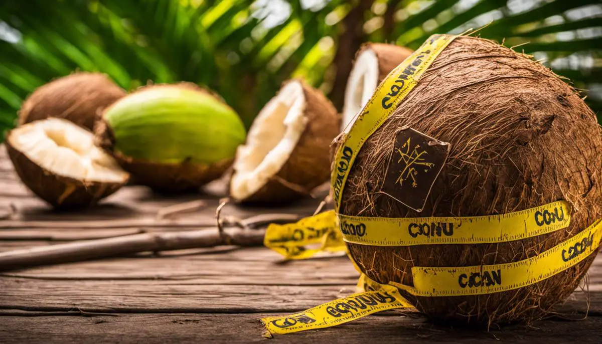 Image of coconuts with a caution symbol in the background.