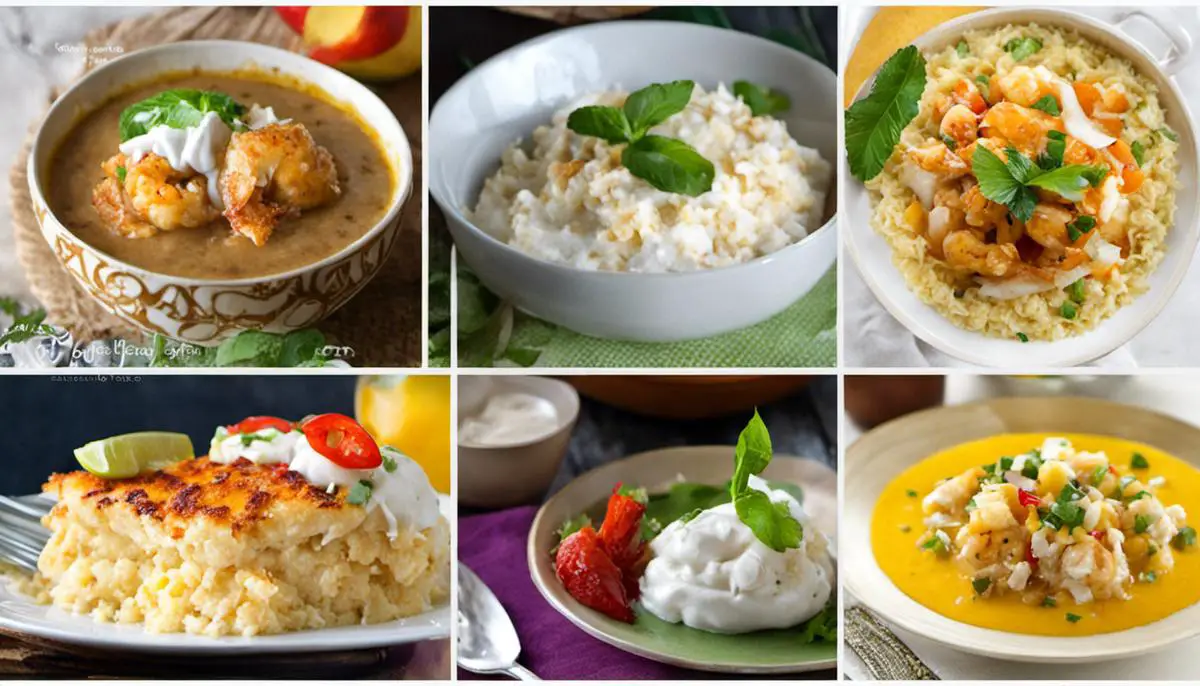 Images of various coconut recipes, including coconut cream pie, Thai coconut curry chicken, Indian coconut lassi, and coconut shrimp with mango salsa.
