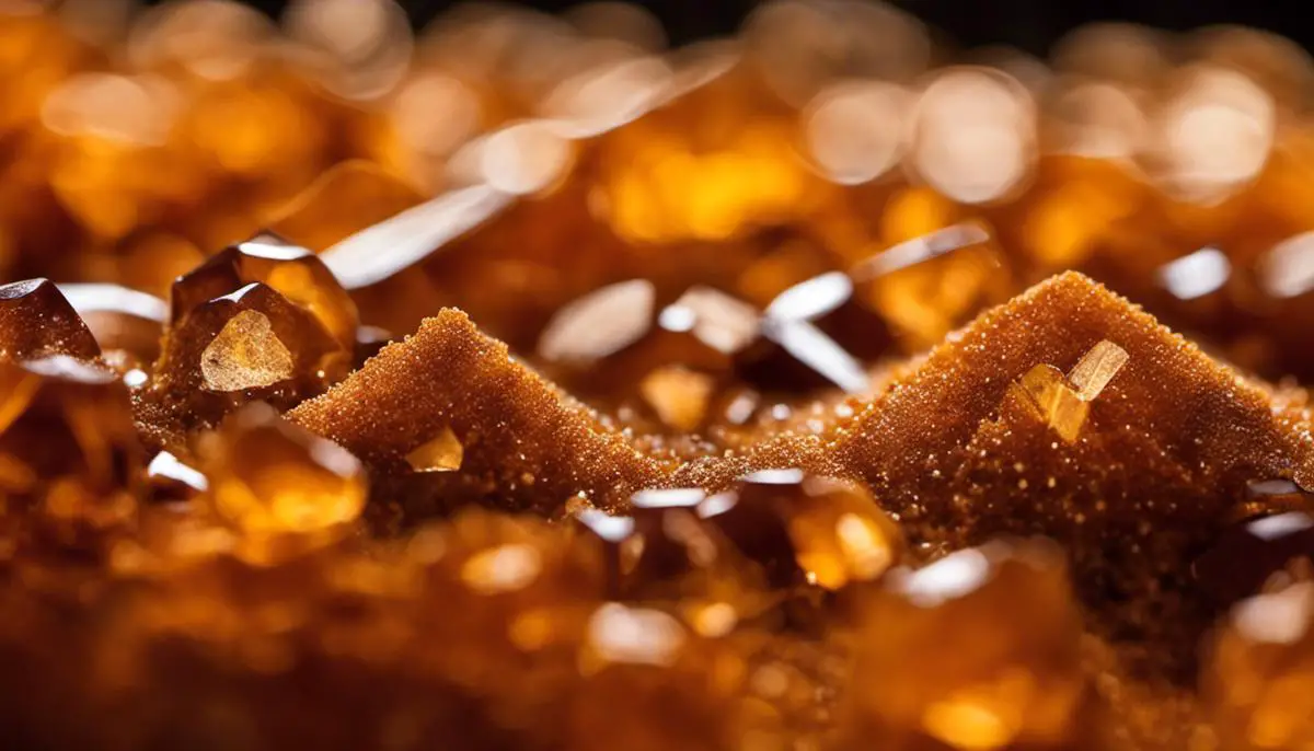 A close-up image of coconut sugar crystals.