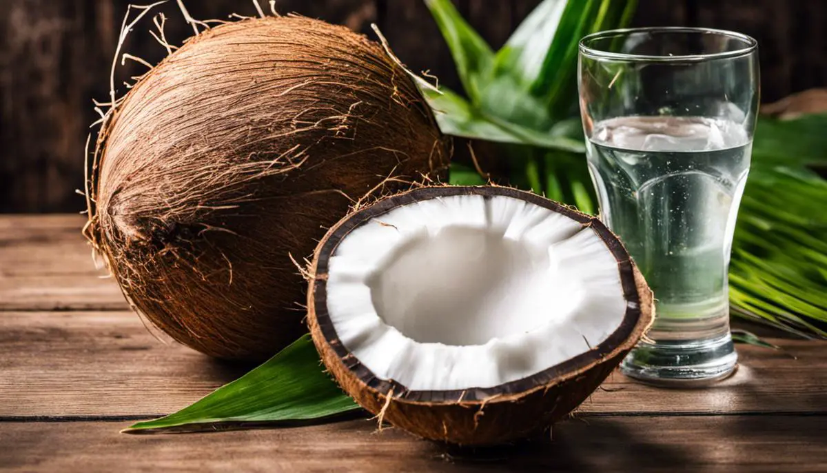 A close-up of a coconut with a glass of coconut water beside it, representing the benefits of coconut water for metabolism and weight loss.