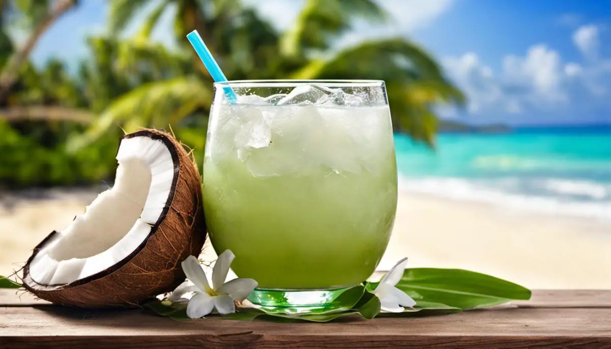 A glass of coconut water with coconut slices on a tropical beach background