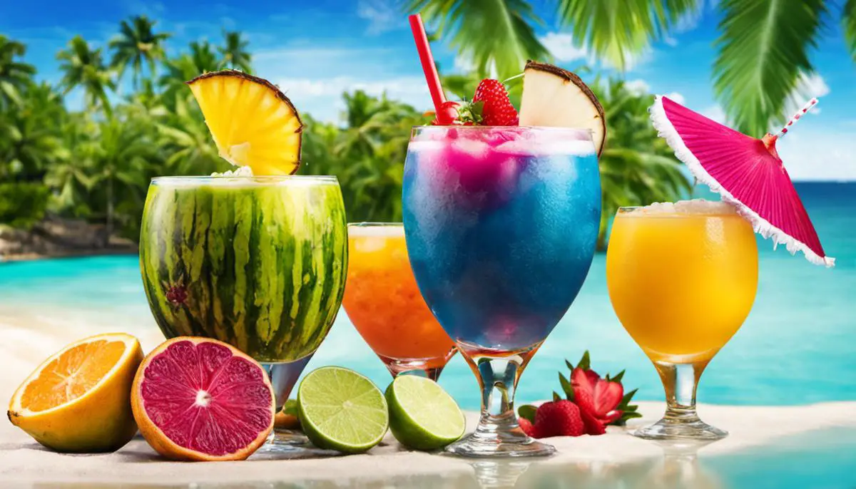 Various coconut water cocktails with vibrant colors that depict their refreshing taste and tropical vibes