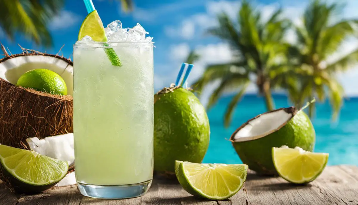A refreshing glass of coconut water with a slice of lime added for flavor.