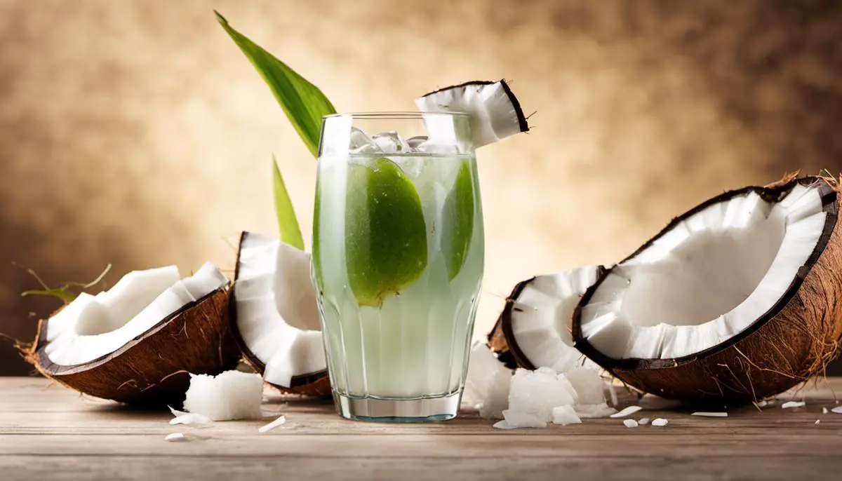 Image of a glass of coconut water with coconut pieces floating in it.