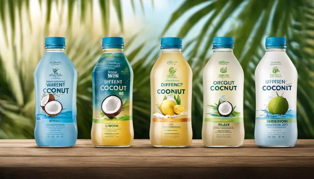 Different types of coconut water displayed in a row, with labels indicating fresh and packaged variations