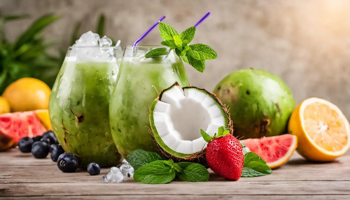 A refreshing coconut water cocktail with various fruits and herbs, garnished with a mint leaf