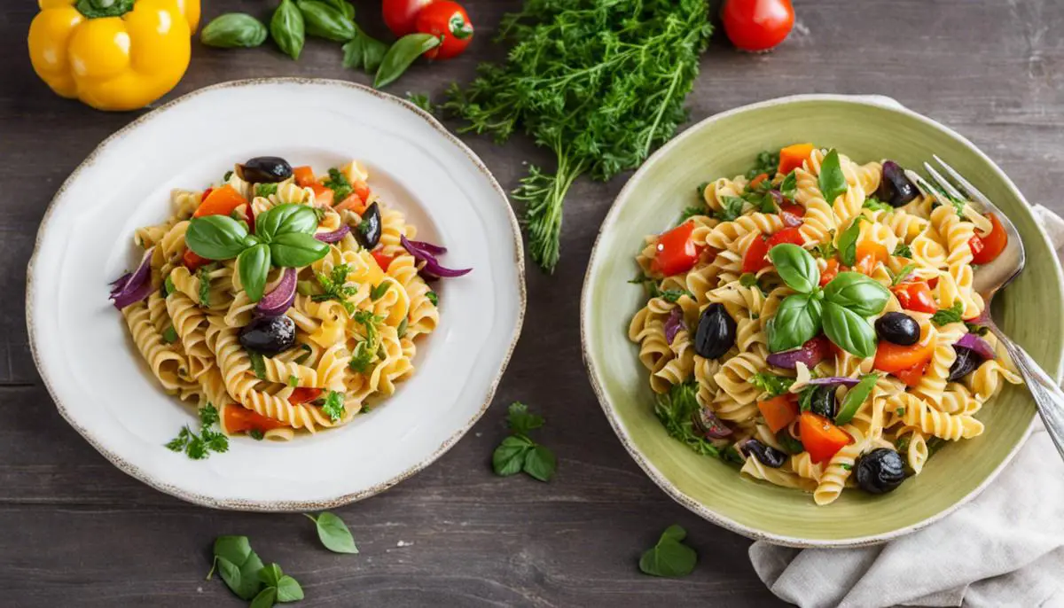 A colorful plate of gluten-free pasta topped with fresh herbs and vegetables, providing a delicious and healthy alternative for those with gluten sensitivities.