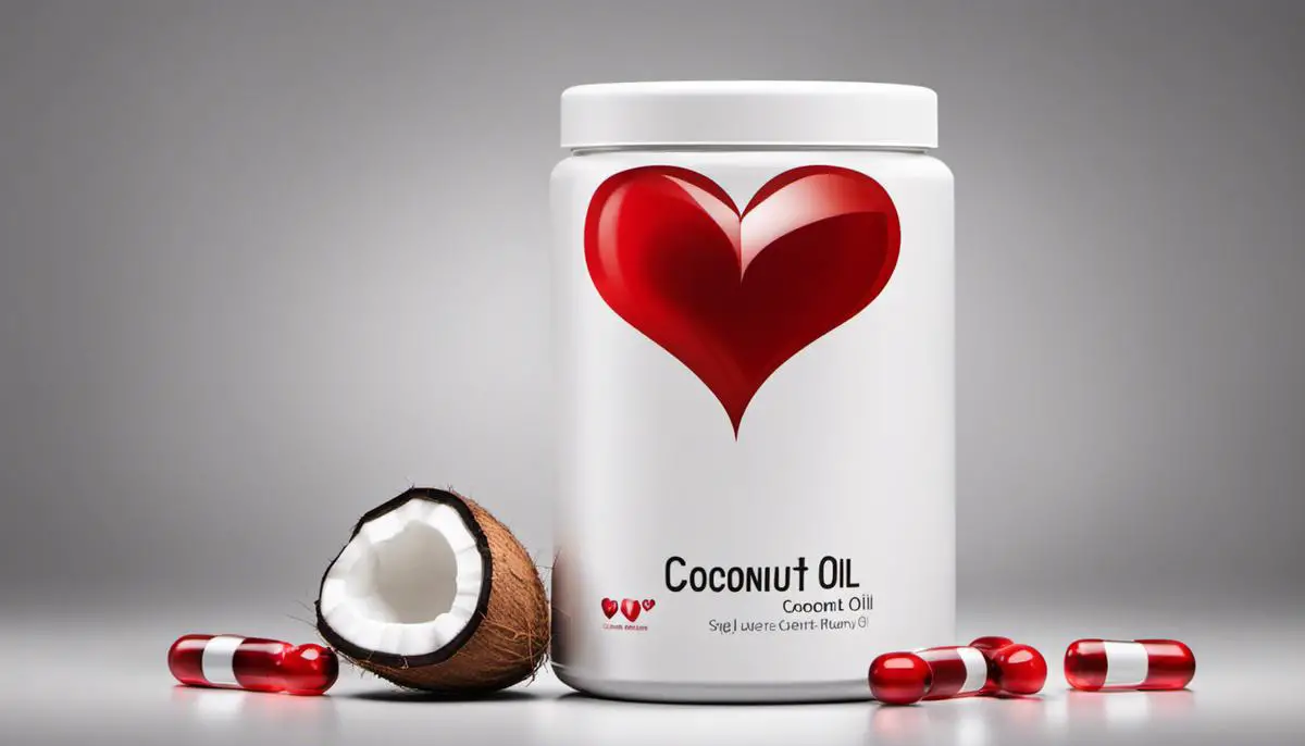A bottle of coconut oil capsules with a heart symbol, representing the heart health benefits of the product