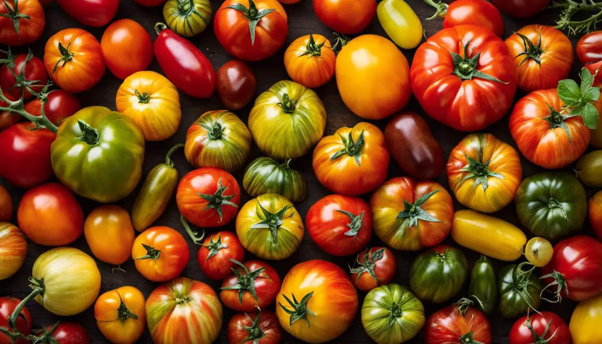 A vibrant assortment of heirloom tomatoes with different colors, shapes, and sizes.