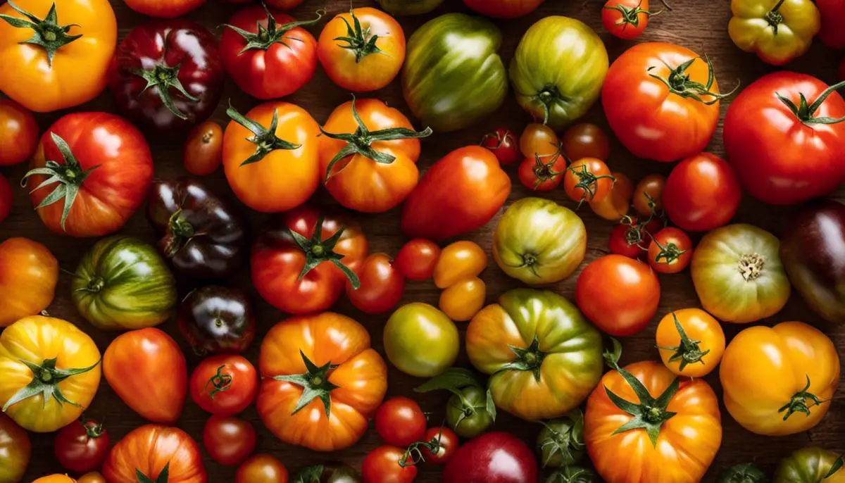 A close-up image of heirloom tomatoes with vibrant colors and diverse shapes.