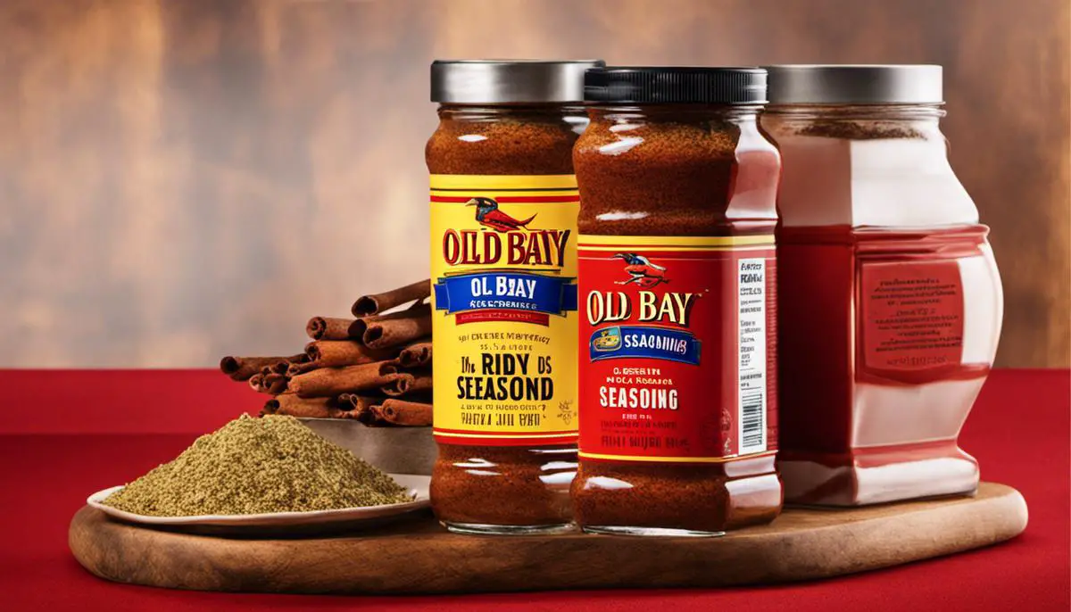 A jar of Old Bay Seasoning featuring a blend of spices and herbs, with a bright red background, symbolizing its bold and flavorful taste.
