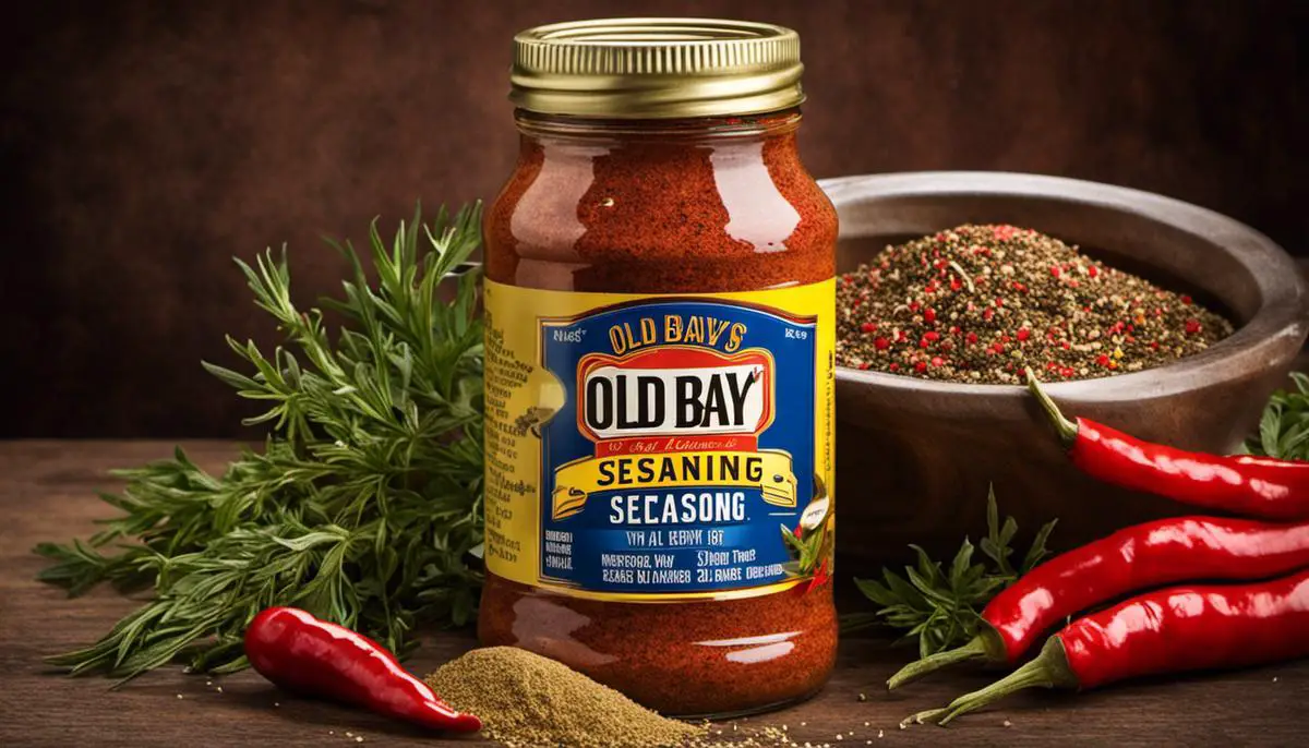 An image of a jar of Old Bay Seasoning with spices and herbs, representing the topic of Old Bay Seasoning and its health benefits