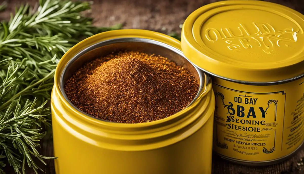 A close-up image of a yellow canister of Old Bay Seasoning with herbs and spices.