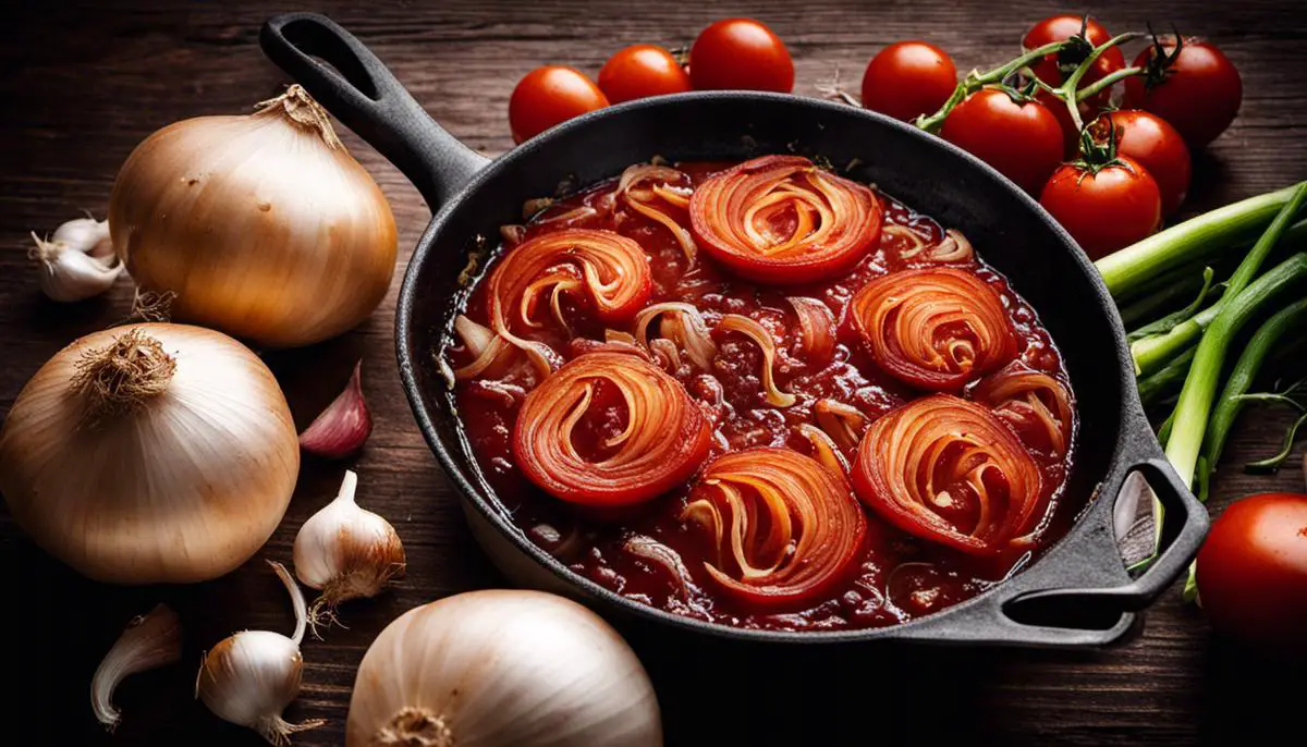 A photo showing onions and garlic simmering in a pan, releasing their flavors for a delicious tomato sauce.