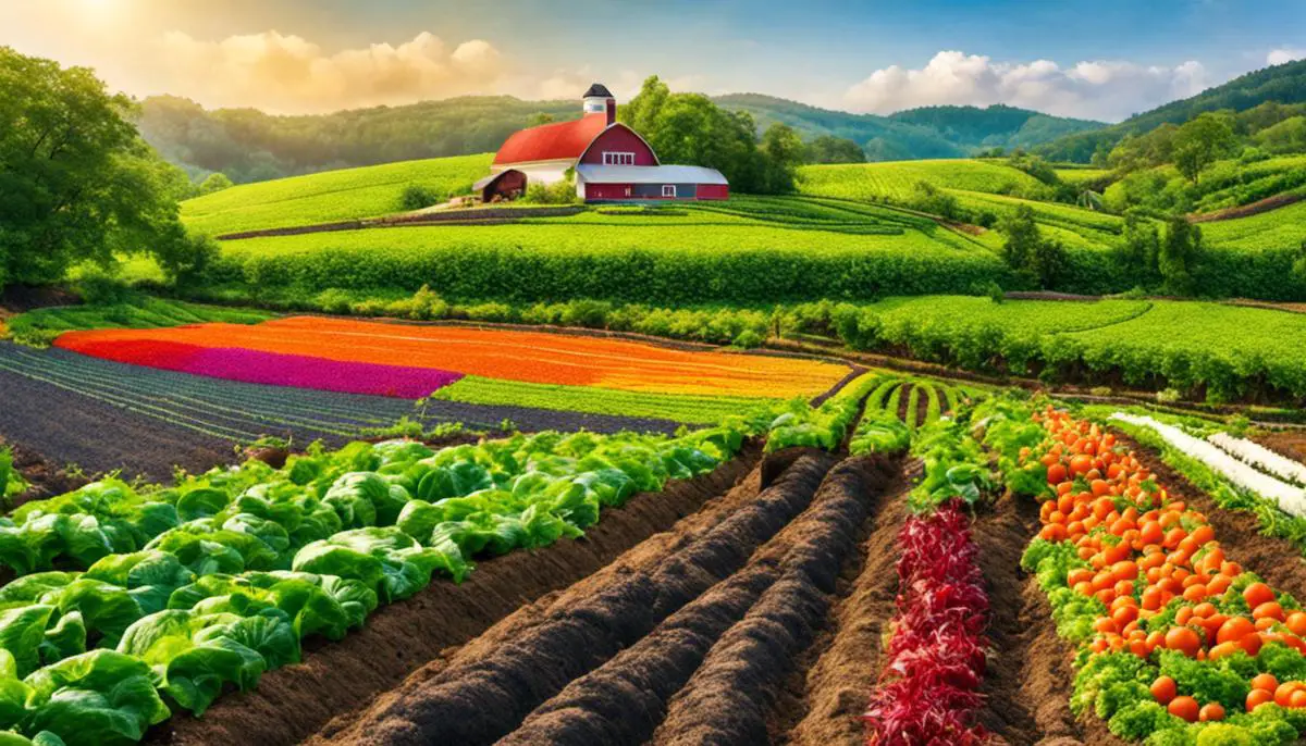 Image depicting a lush organic farm with colorful vegetables and healthy soil