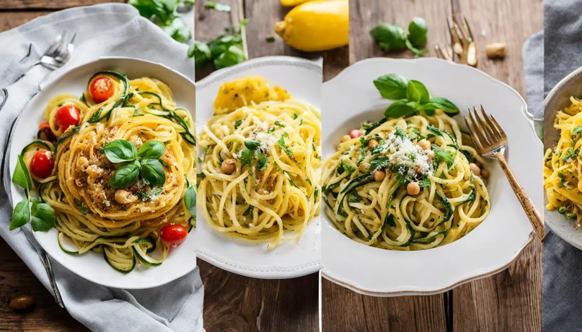 A variety of pasta alternatives including zucchini noodles, spaghetti squash, and chickpea pasta. Each type is displayed on a white plate with a fork, showcasing their unique textures and colors.