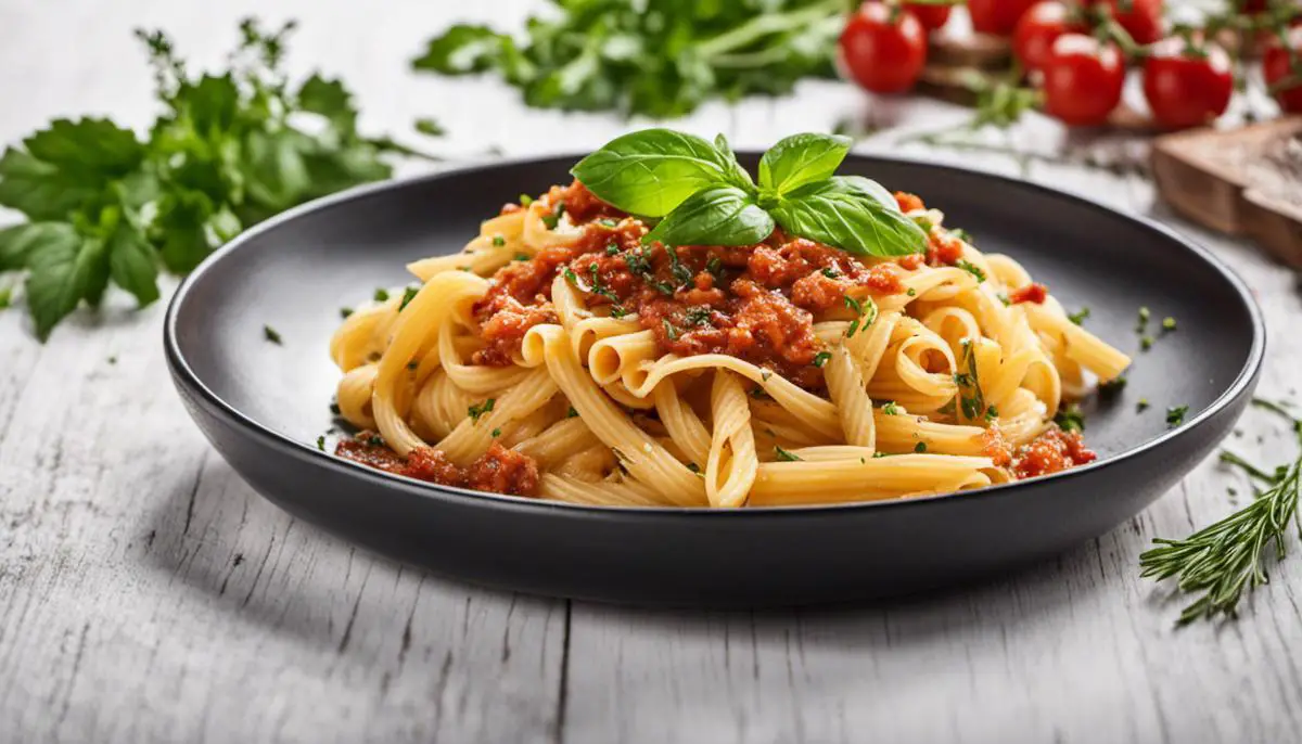 A image showing a plate of cooked pasta with sauce and herbs on top.