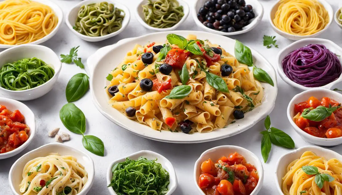 Various pasta dishes served on a table with colorful ingredients and garnishments
