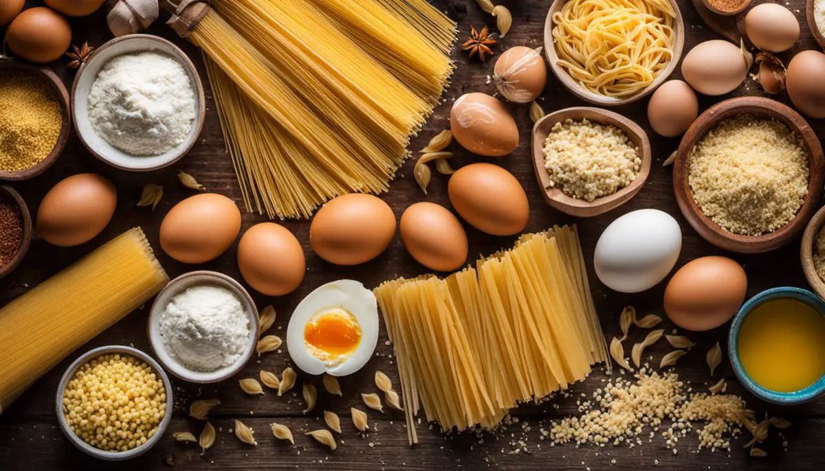 Image of various pasta ingredients including flour, eggs, and semolina.