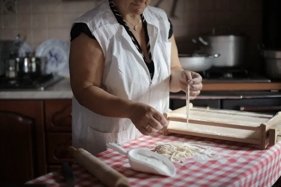 Image of a person making pasta dough on a kitchen counter, with flour and eggs on the side.