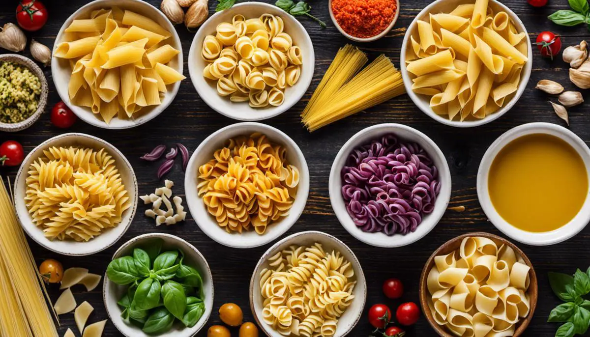 A colorful image of different types of pasta arranged in a bowl, symbolizing the variety of nutritional values pasta can offer.