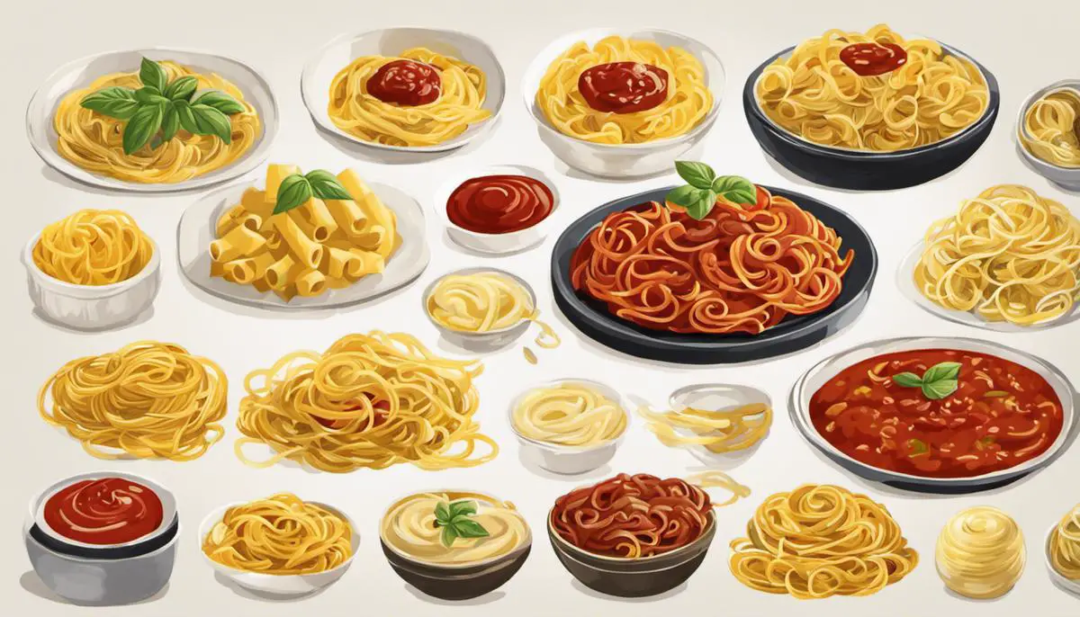 Illustration of various pasta shapes paired with different sauces, showcasing the art of pasta-sauce pairing