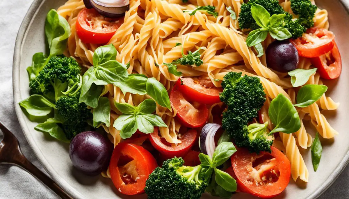 A plate of colorful pasta with various vegetables and lean proteins, showcasing healthy pasta choices.